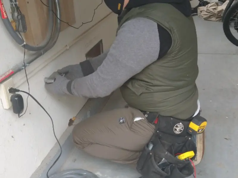 Electrician performing outlet wiring in a White City garage